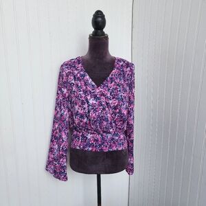 Bold Elements Womens Pink Purple Blue Wrap Blouse  Long Sleeve Smaocked Crop XS